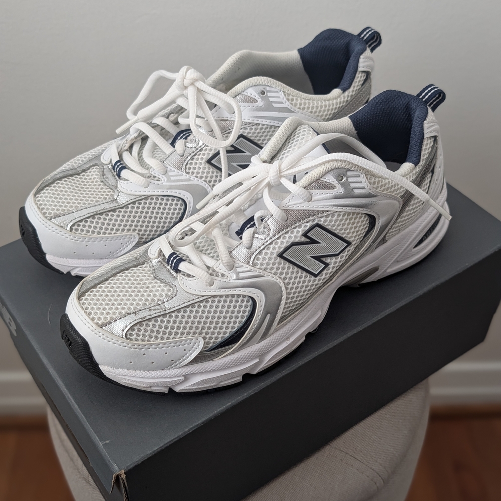 New Balance White and Navy Sneakers